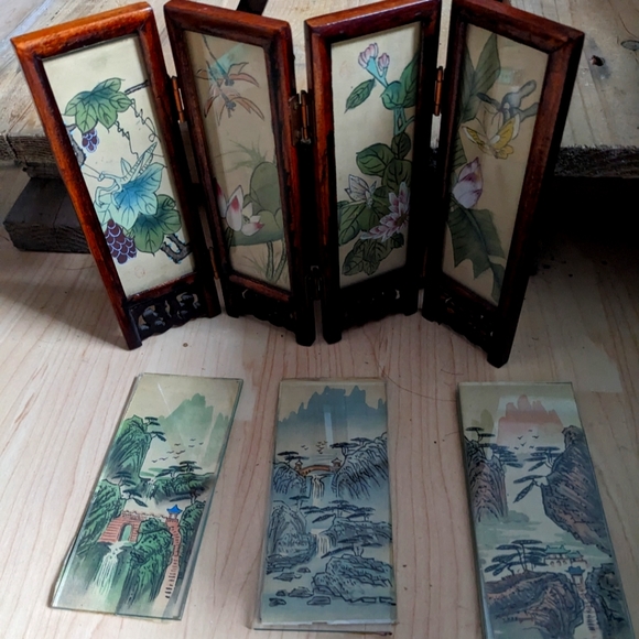 Antique Japanese 4-Panel Folding Screen. Hand Carved/Pained | + 3 extra Panels - Picture 10 of 12
